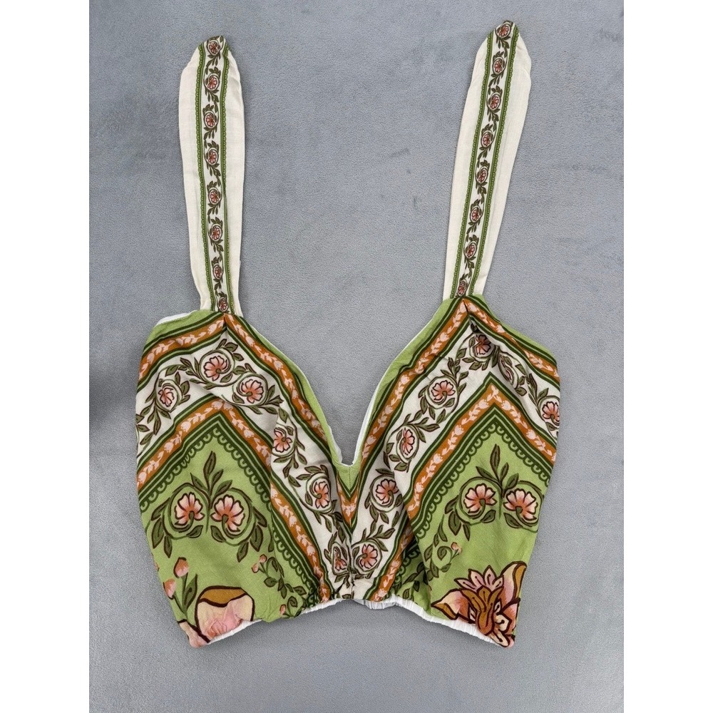 Farm Rio Crop Top Womens P Green Floral Scarf Print Boho Summer Festival Tank